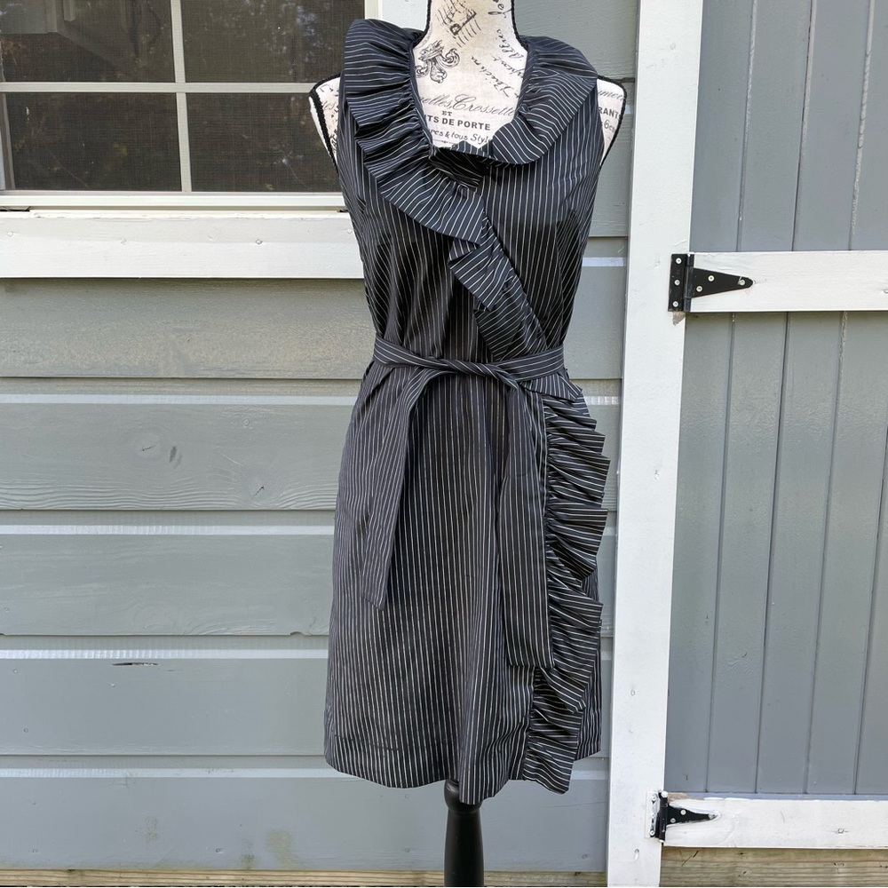 Vintage Black Striped Midi Dress‎ with Ruffle Accent From Mister Robert